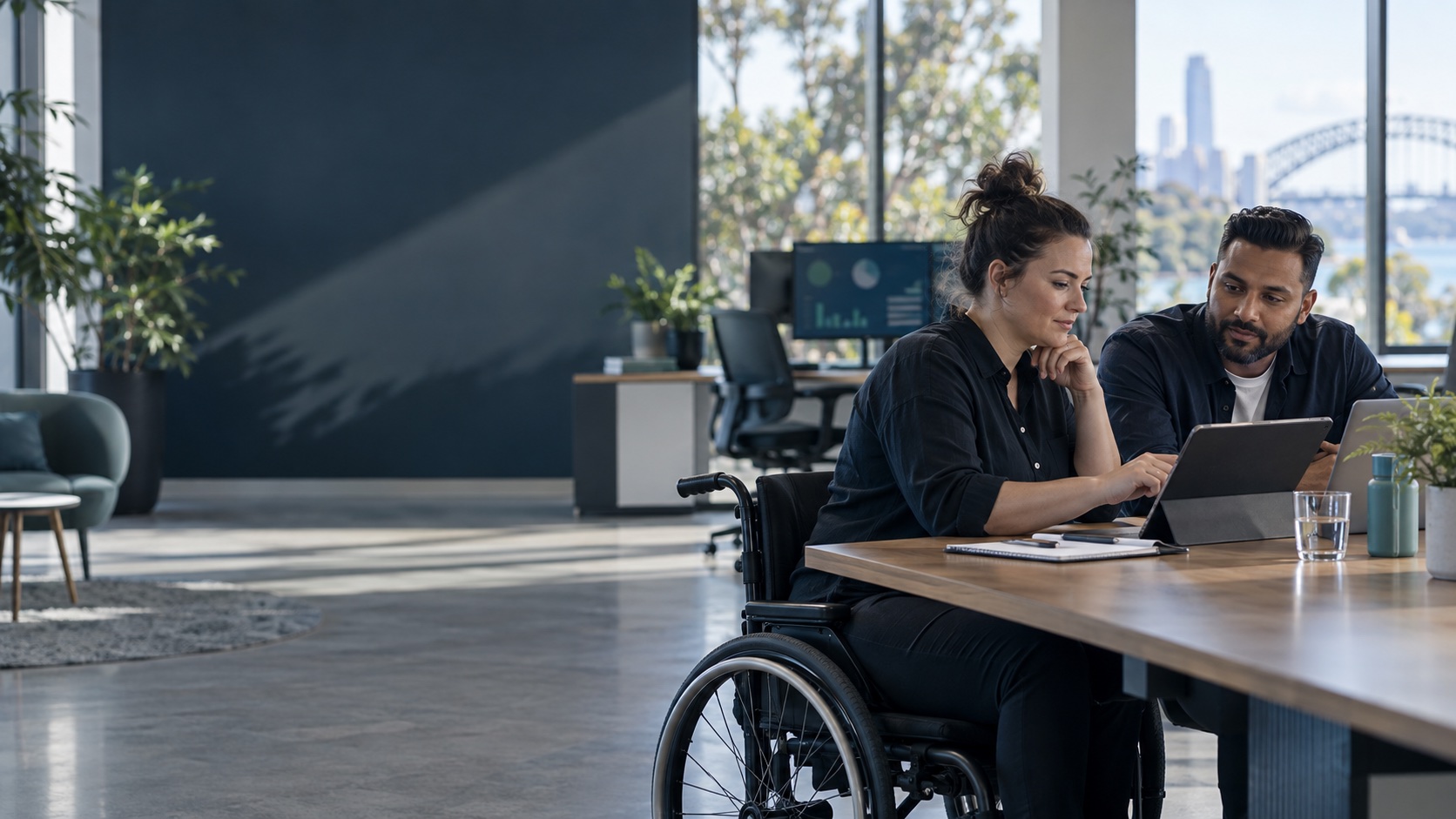 NDIS professionals reviewing software together in an accessible Australian workplace